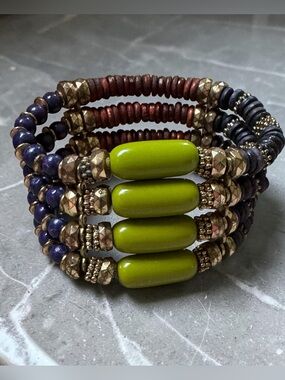 Vintage Green And Multicolor Bead Stretch Bracelet